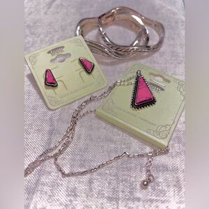 Women’s Pink Triangle Pendant Necklace, Stud Earrings and Stretchy Bracelet Set